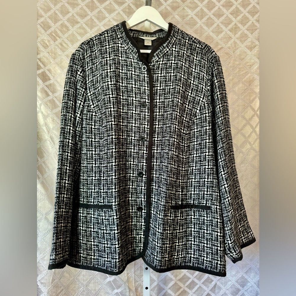 CJ Banks Black and White Tweed Band Collar Jacket. 3X